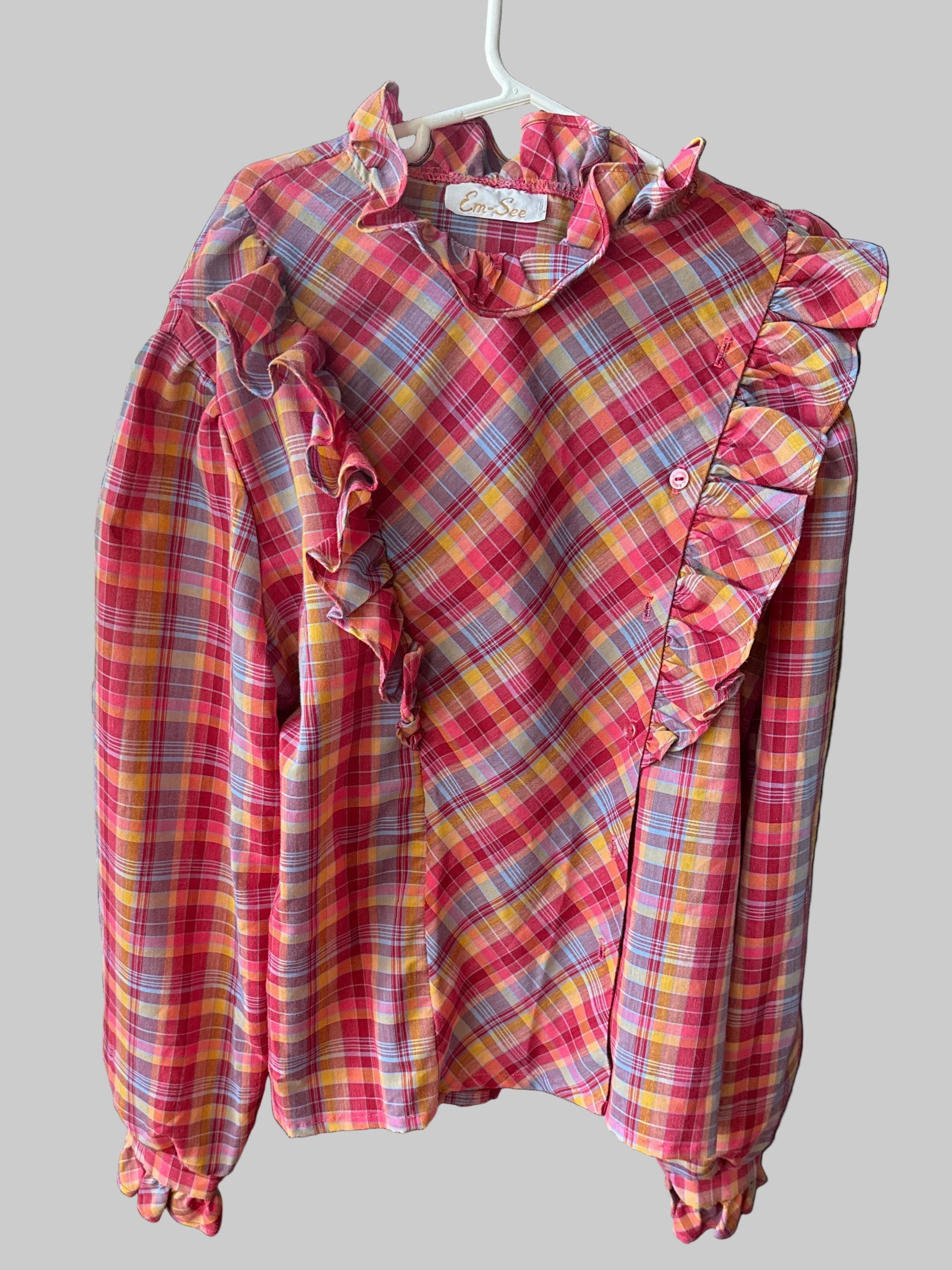 Vintage Plaid Prairie Blouse – Ruffle Detail – Retro Western – M/L