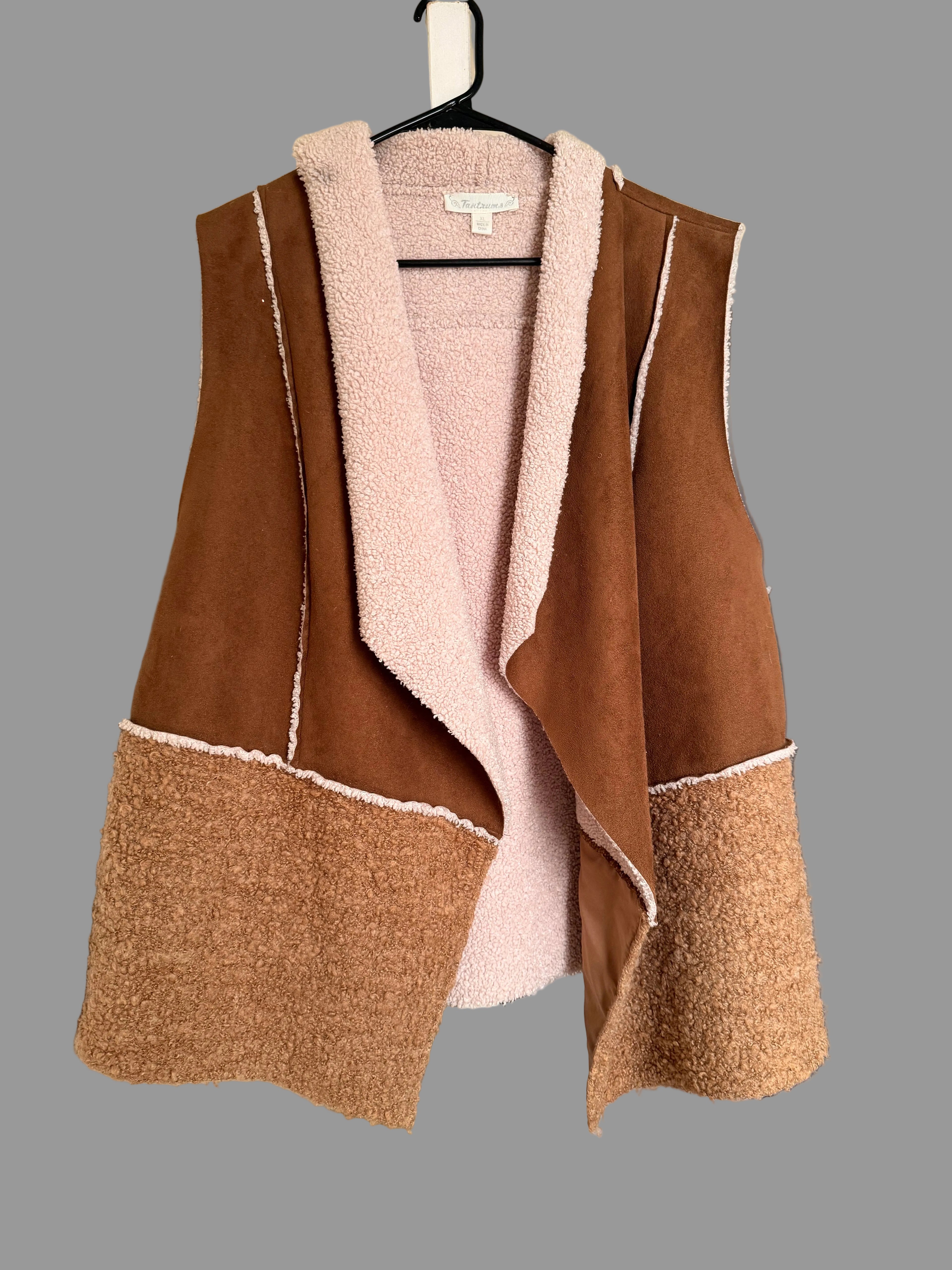Vintage Sherpa Lined Suede Vest Brown Western Cozy Layering XL